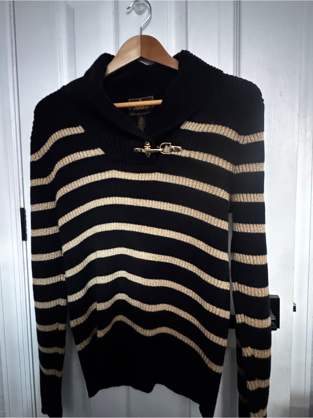 Lauren Ralph Lauren XL Black Gold Metallic Striped Toggle Sweater